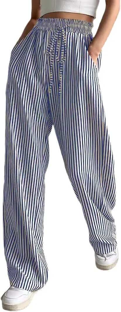 Women's Striped Straight Leg Pants - High Waist Casual Trousers Elastic Workwear Lounge Pants for Daily Office Outfits