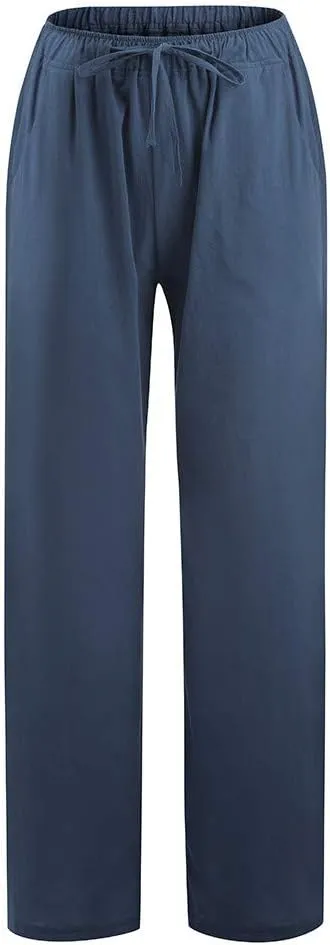 Women's Summer Cotton Linen Pants Drawstring Elastic Waist Casual Wide Leg Pants Loose Lightweight Beach Lounge Trousers