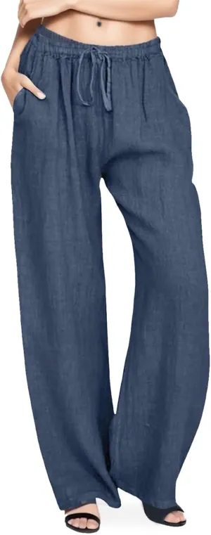 Women's Summer Cotton Linen Pants Drawstring Elastic Waist Casual Wide Leg Pants Loose Lightweight Beach Lounge Trousers