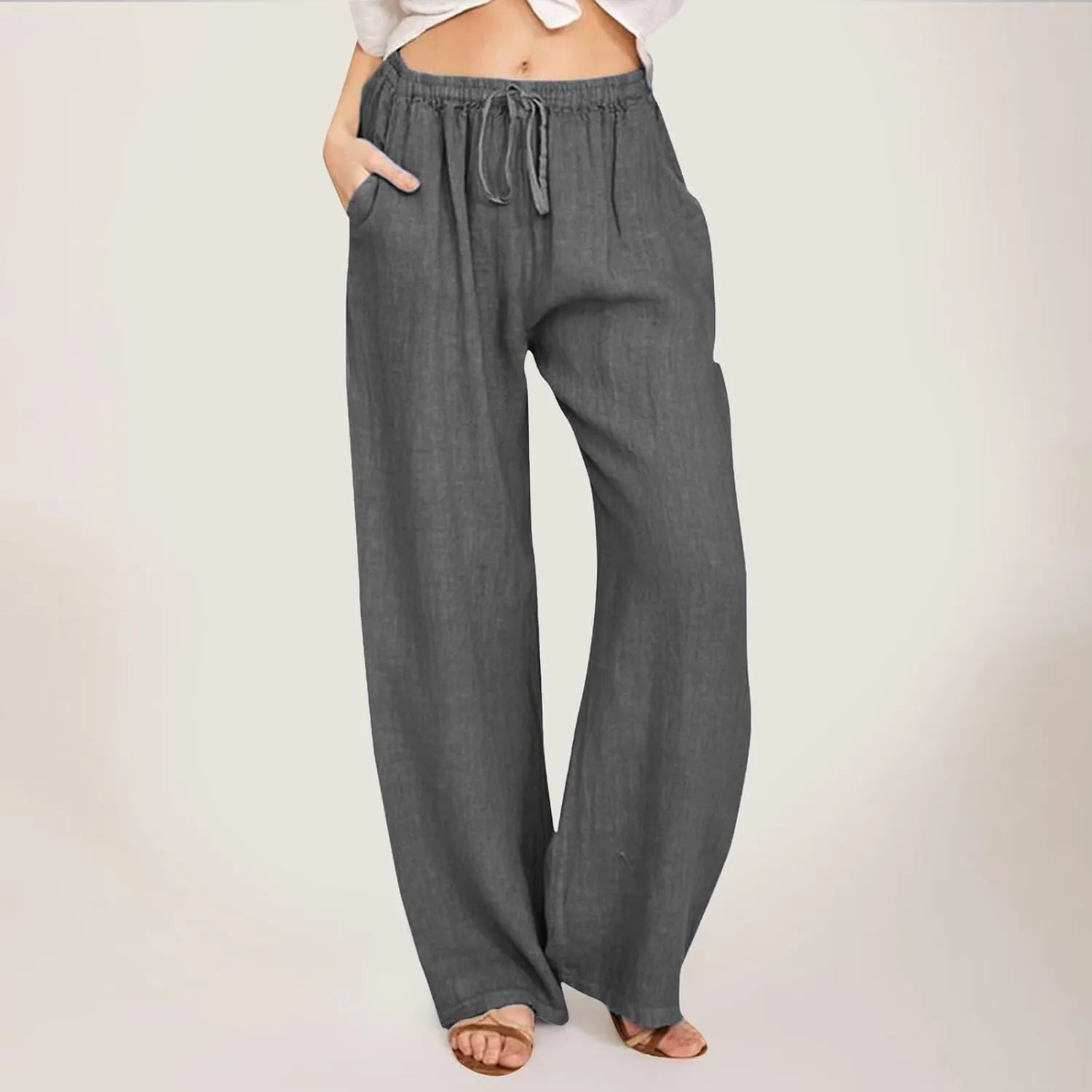 Women's Summer Cotton Linen Pants Drawstring Elastic Waist Casual Wide Leg Pants Loose Lightweight Beach Lounge Trousers