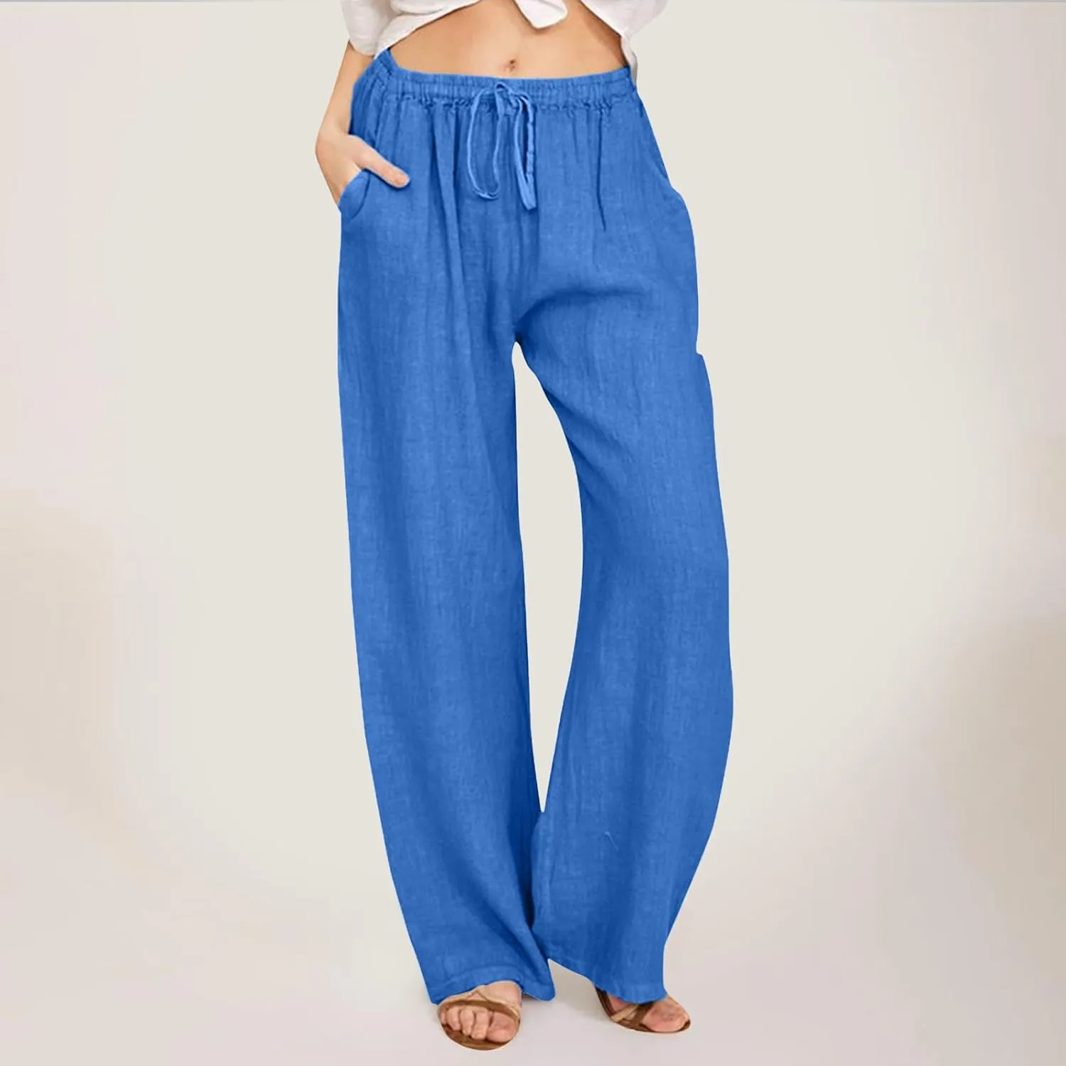 Women's Summer Cotton Linen Pants Drawstring Elastic Waist Casual Wide Leg Pants Loose Lightweight Beach Lounge Trousers