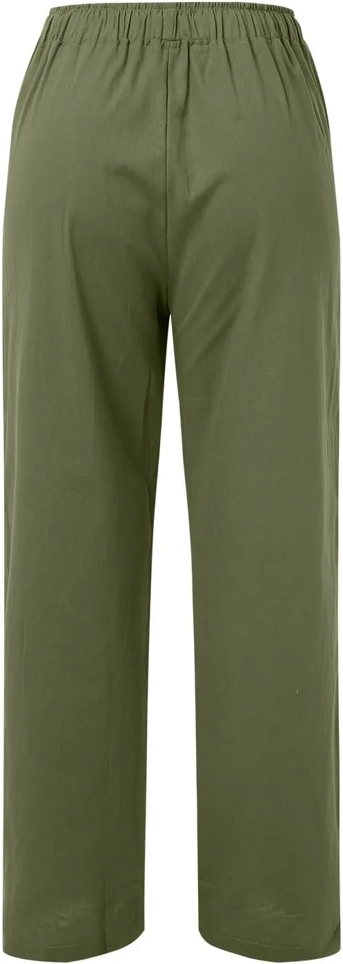 Women's Summer Cotton Linen Pants Drawstring Elastic Waist Casual Wide Leg Pants Loose Lightweight Beach Lounge Trousers