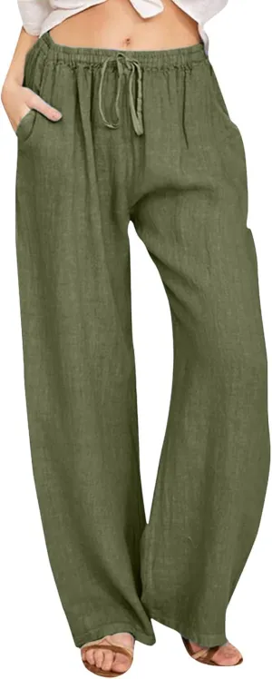 Women's Summer Cotton Linen Pants Drawstring Elastic Waist Casual Wide Leg Pants Loose Lightweight Beach Lounge Trousers