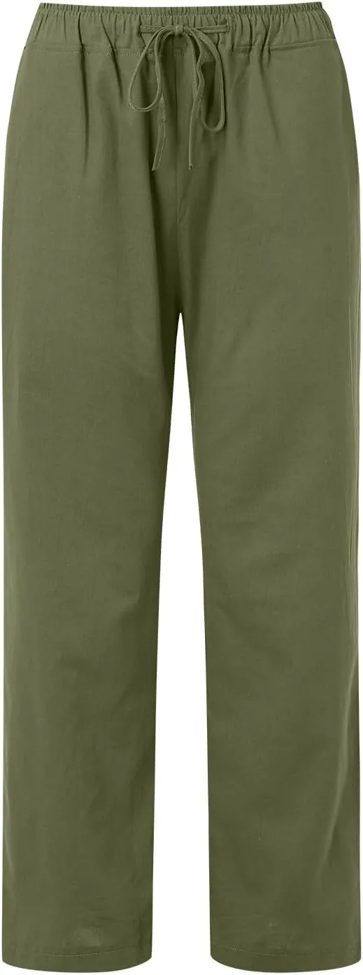 Women's Summer Cotton Linen Pants Drawstring Elastic Waist Casual Wide Leg Pants Loose Lightweight Beach Lounge Trousers