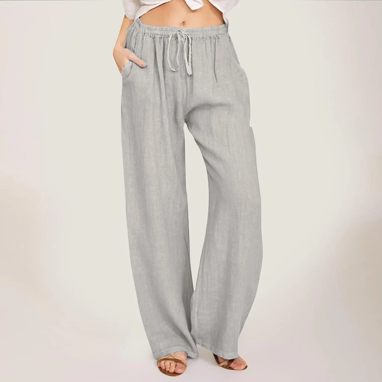 Women's Summer Cotton Linen Pants Drawstring Elastic Waist Casual Wide Leg Pants Loose Lightweight Beach Lounge Trousers