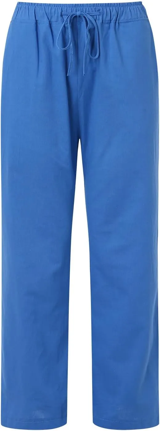 Women's Summer Cotton Linen Pants Drawstring Elastic Waist Casual Wide Leg Pants Loose Lightweight Beach Lounge Trousers