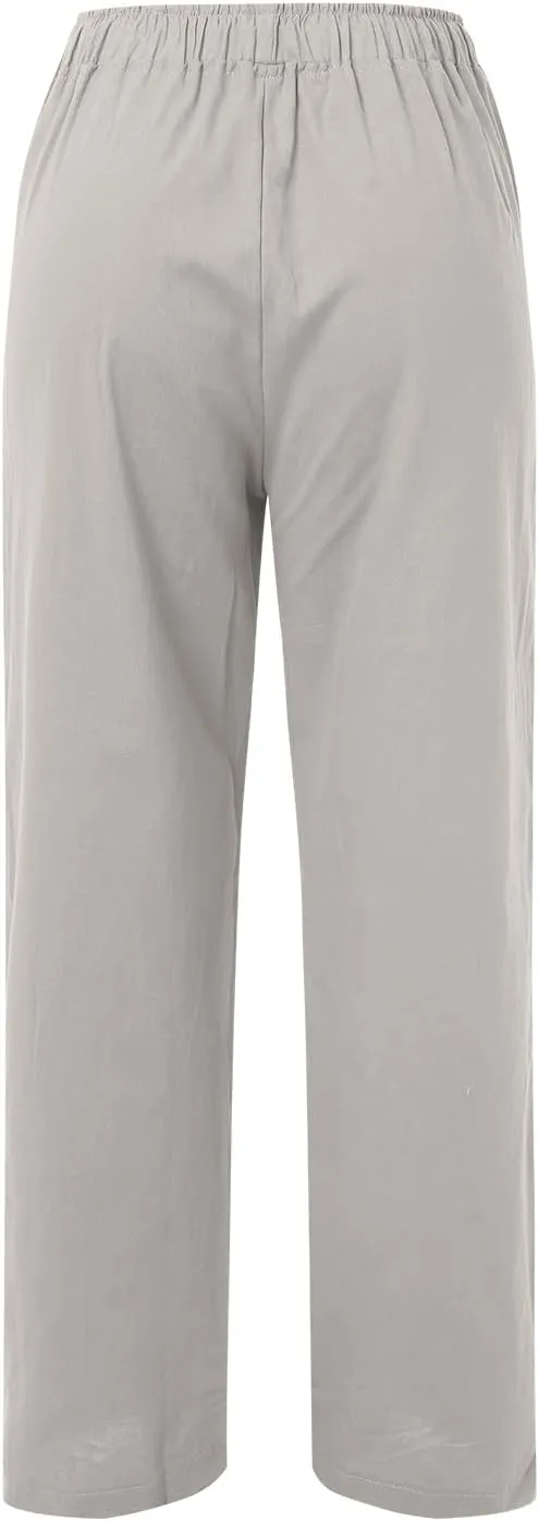 Women's Summer Cotton Linen Pants Drawstring Elastic Waist Casual Wide Leg Pants Loose Lightweight Beach Lounge Trousers
