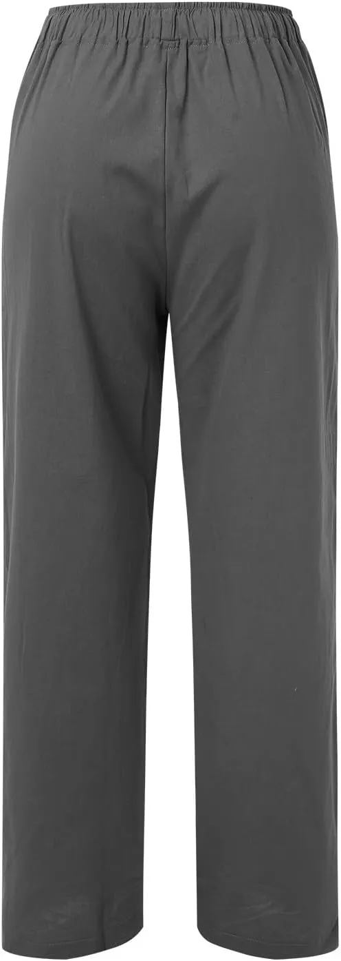 Women's Summer Cotton Linen Pants Drawstring Elastic Waist Casual Wide Leg Pants Loose Lightweight Beach Lounge Trousers