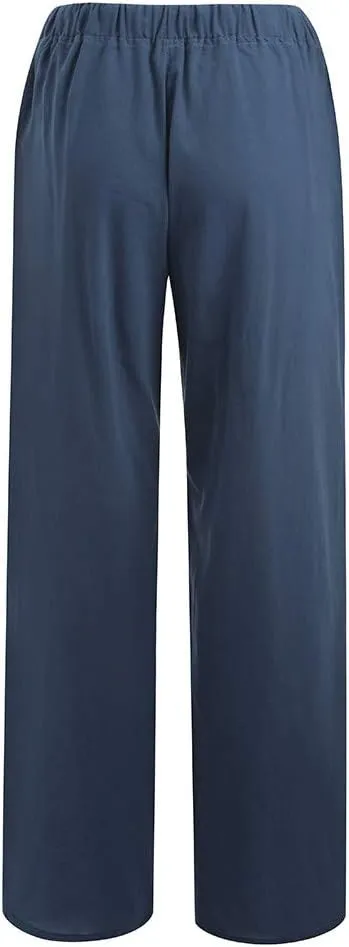 Women's Summer Cotton Linen Pants Drawstring Elastic Waist Casual Wide Leg Pants Loose Lightweight Beach Lounge Trousers