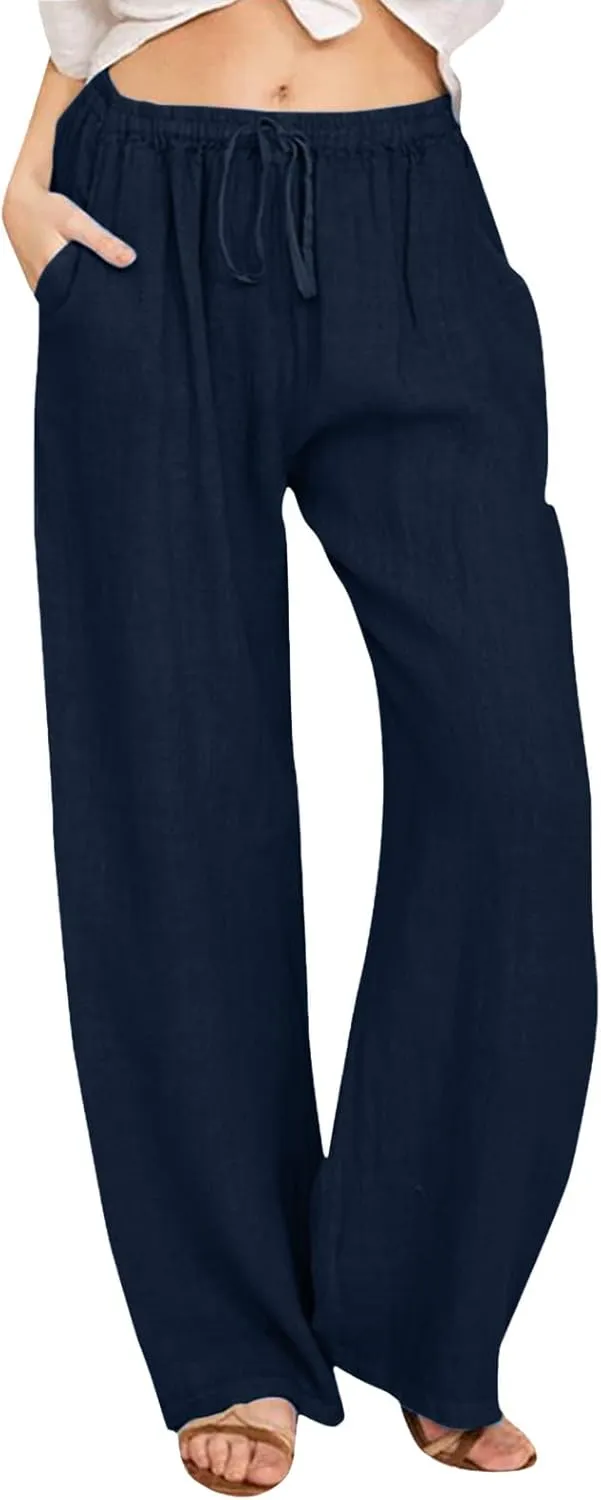 Women's Summer Cotton Linen Pants Drawstring Elastic Waist Casual Wide Leg Pants Loose Lightweight Beach Lounge Trousers