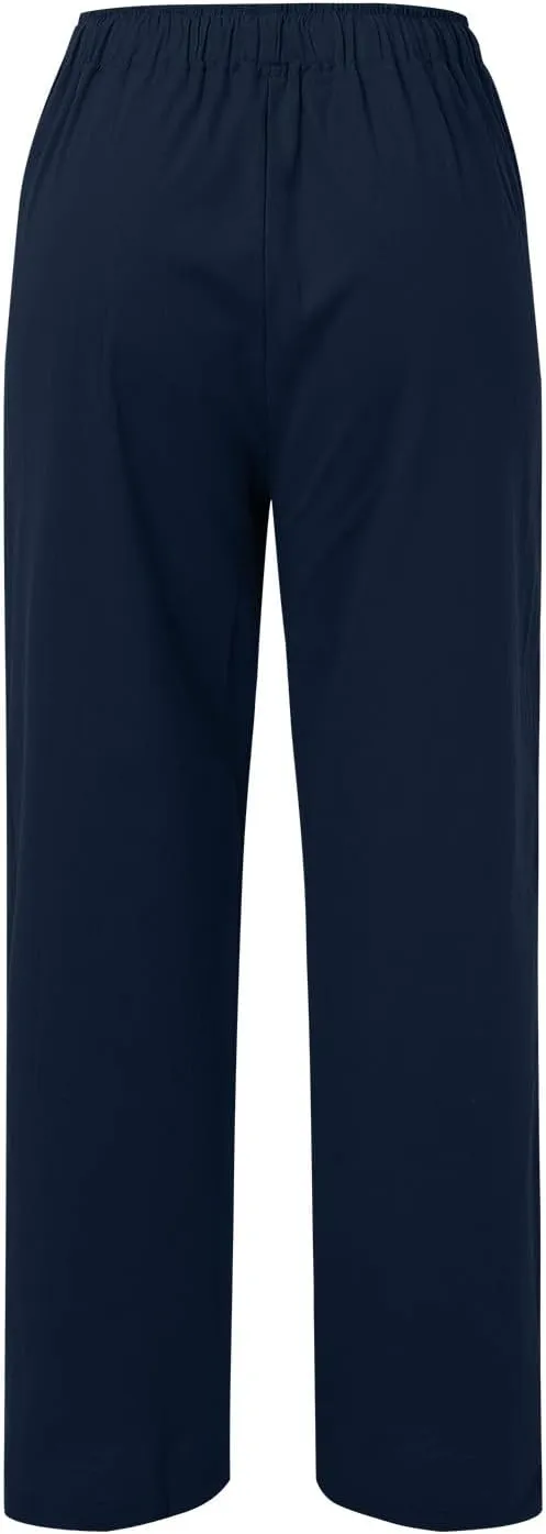 Women's Summer Cotton Linen Pants Drawstring Elastic Waist Casual Wide Leg Pants Loose Lightweight Beach Lounge Trousers