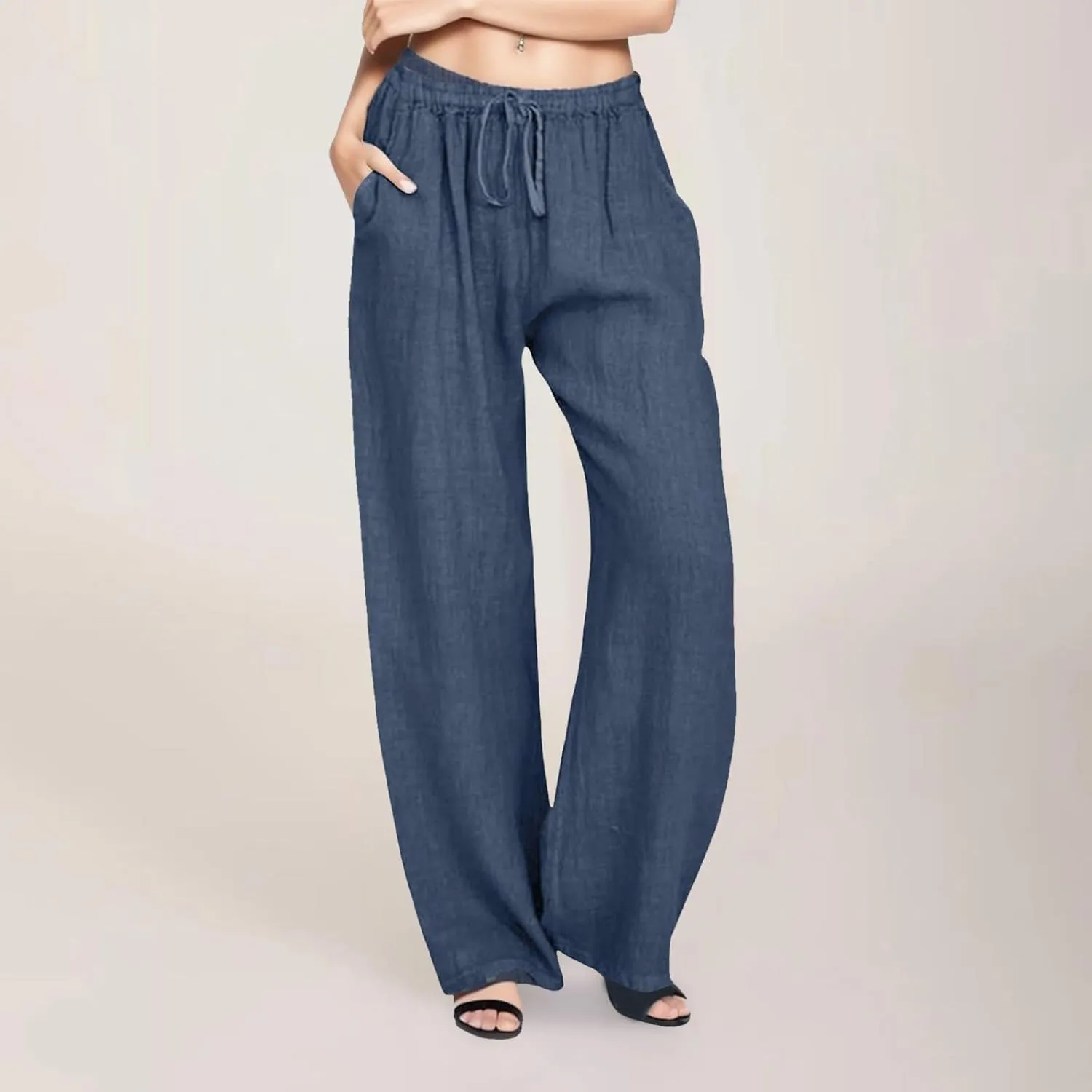 Women's Summer Cotton Linen Pants Drawstring Elastic Waist Casual Wide Leg Pants Loose Lightweight Beach Lounge Trousers