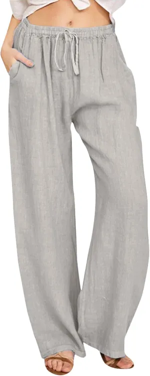 Women's Summer Cotton Linen Pants Drawstring Elastic Waist Casual Wide Leg Pants Loose Lightweight Beach Lounge Trousers