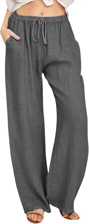 Women's Summer Cotton Linen Pants Drawstring Elastic Waist Casual Wide Leg Pants Loose Lightweight Beach Lounge Trousers