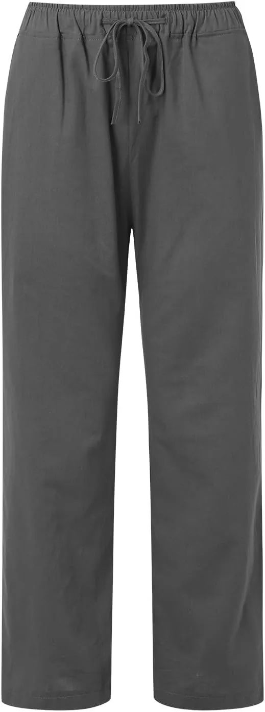 Women's Summer Cotton Linen Pants Drawstring Elastic Waist Casual Wide Leg Pants Loose Lightweight Beach Lounge Trousers