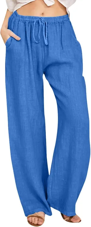 Women's Summer Cotton Linen Pants Drawstring Elastic Waist Casual Wide Leg Pants Loose Lightweight Beach Lounge Trousers
