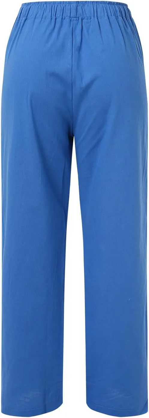 Women's Summer Cotton Linen Pants Drawstring Elastic Waist Casual Wide Leg Pants Loose Lightweight Beach Lounge Trousers