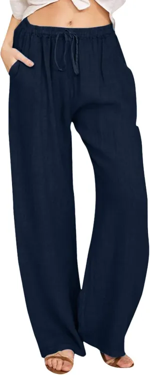 Women's Summer Cotton Linen Pants Drawstring Elastic Waist Casual Wide Leg Pants Loose Lightweight Beach Lounge Trousers