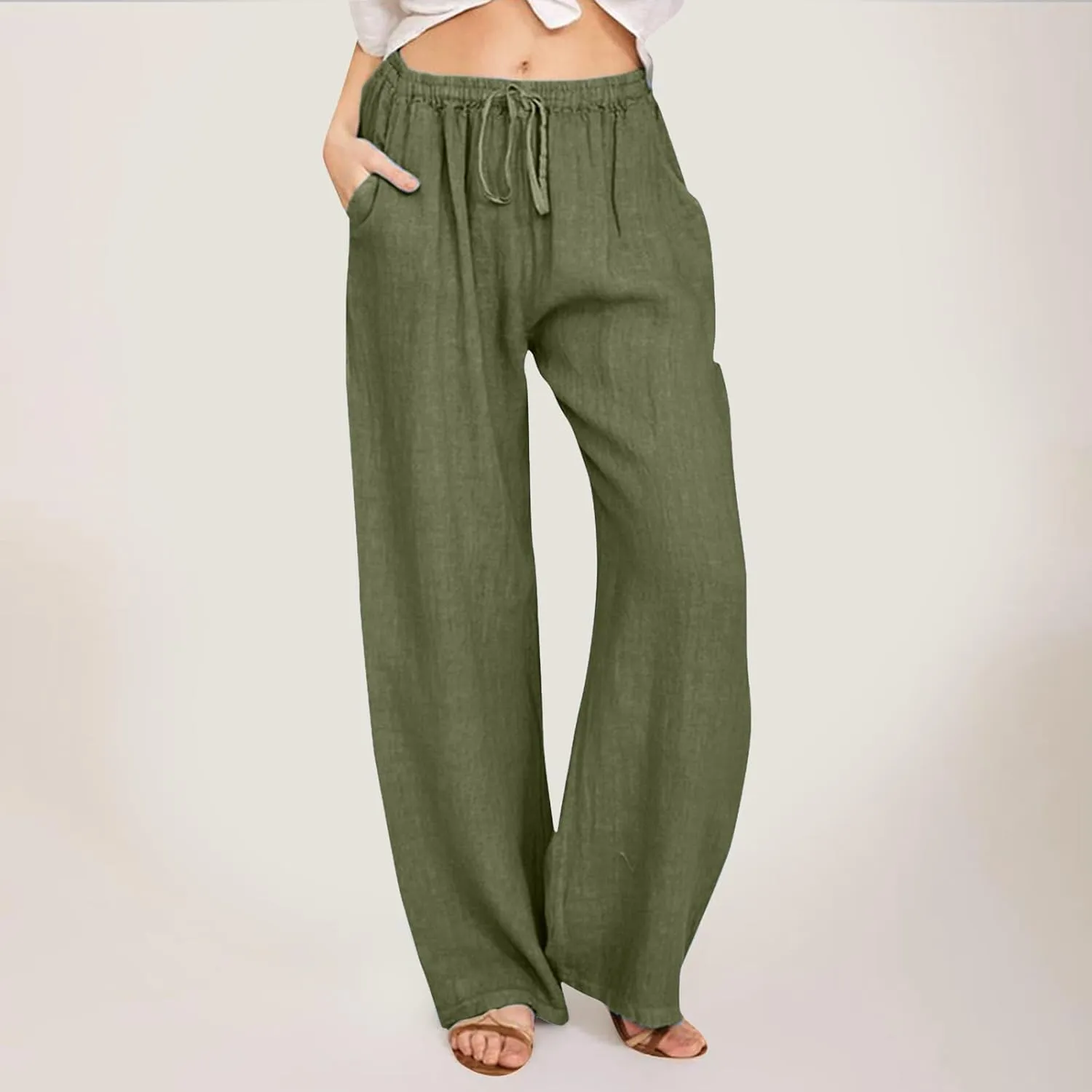 Women's Summer Cotton Linen Pants Drawstring Elastic Waist Casual Wide Leg Pants Loose Lightweight Beach Lounge Trousers