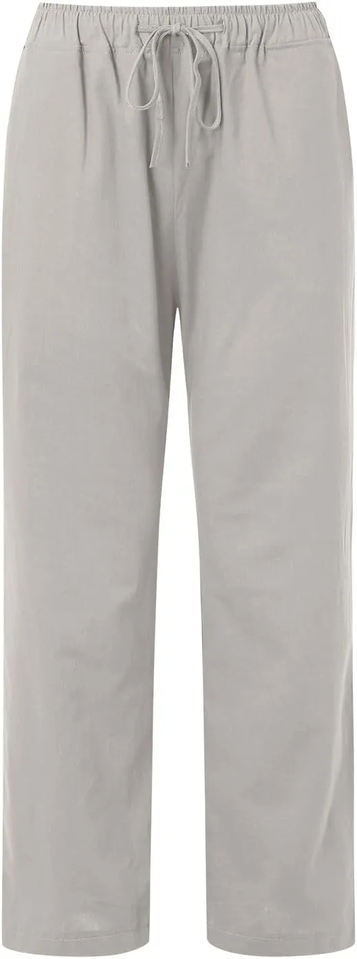 Women's Summer Cotton Linen Pants Drawstring Elastic Waist Casual Wide Leg Pants Loose Lightweight Beach Lounge Trousers