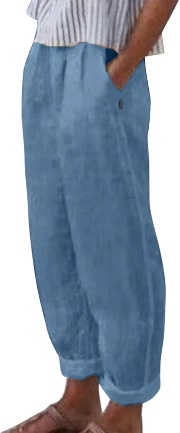 Women's Summer Cotton Linen Pants Elastic Waist Casual Loose Beach Pants 2024 Trendy Baggy Lounge Trousers with Pockets