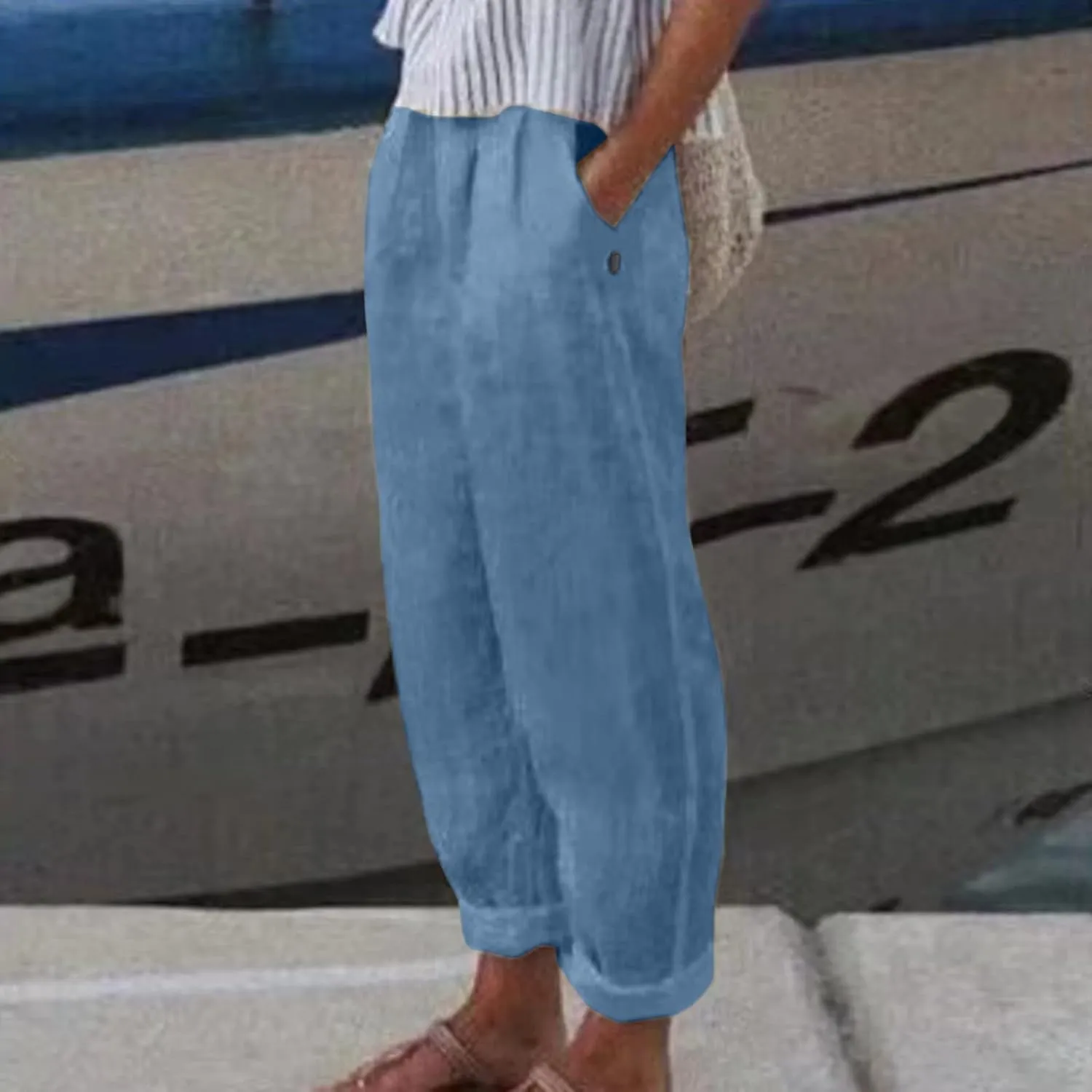 Women's Summer Cotton Linen Pants Elastic Waist Casual Loose Beach Pants 2024 Trendy Baggy Lounge Trousers with Pockets
