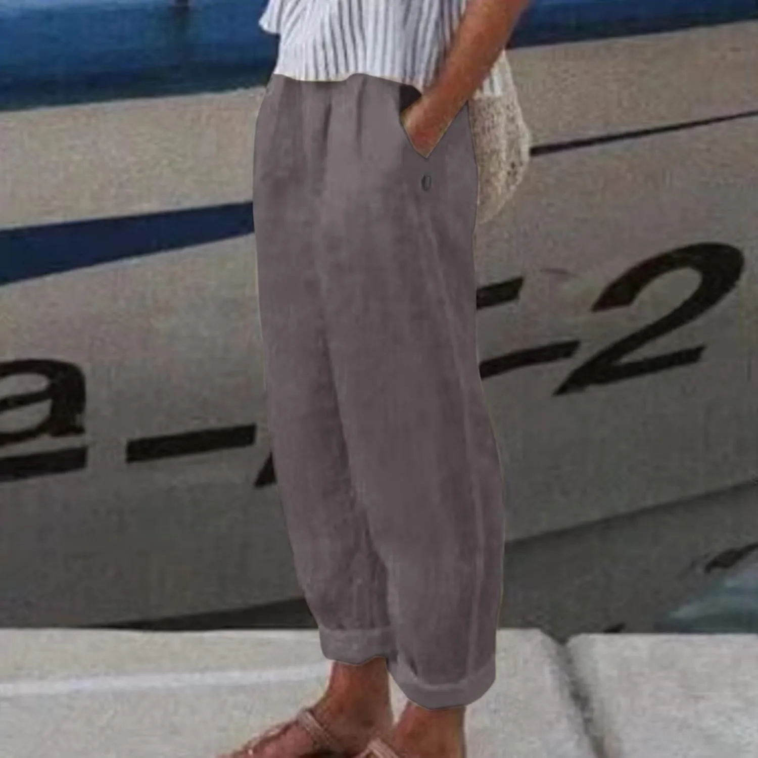 Women's Summer Cotton Linen Pants Elastic Waist Casual Loose Beach Pants 2024 Trendy Baggy Lounge Trousers with Pockets