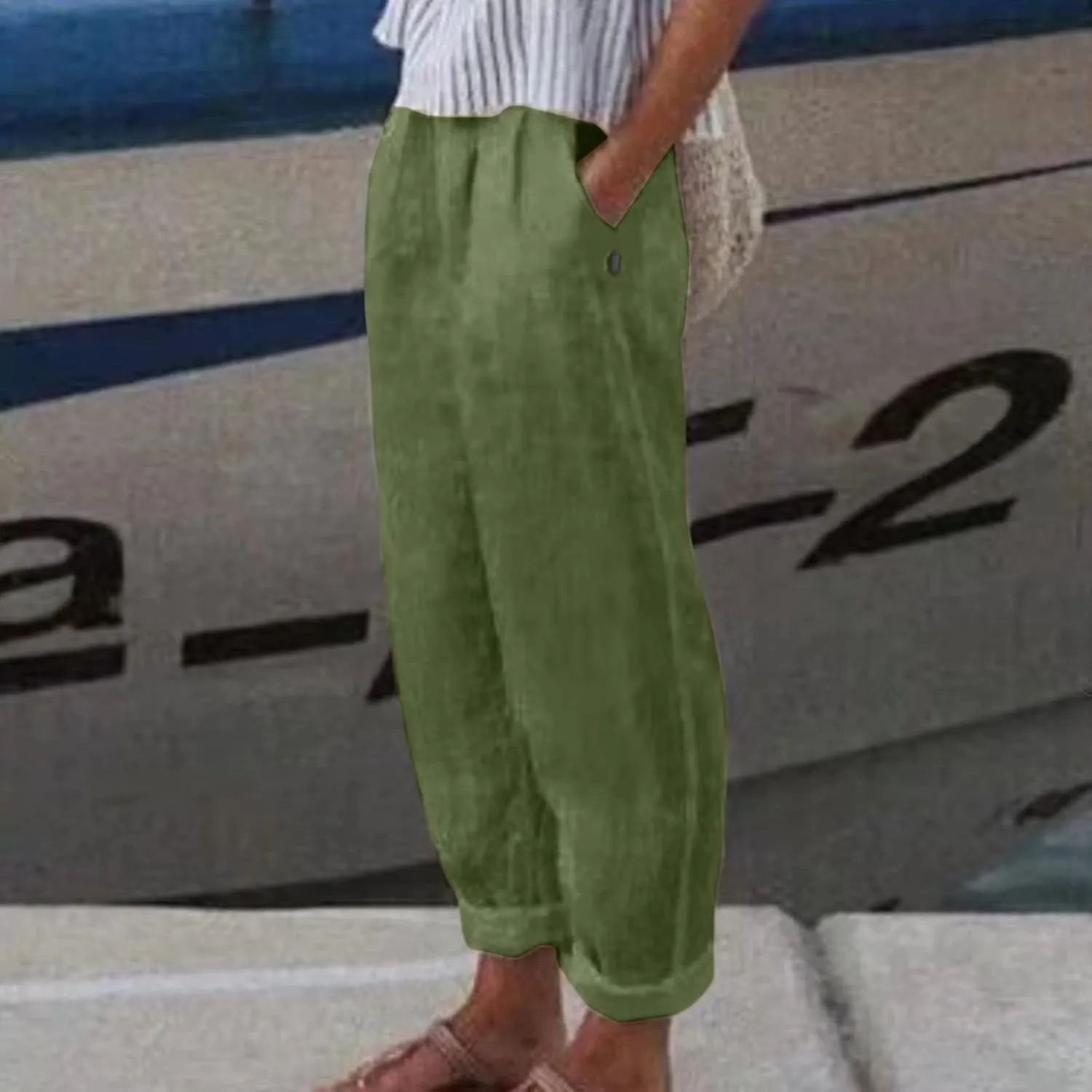 Women's Summer Cotton Linen Pants Elastic Waist Casual Loose Beach Pants 2024 Trendy Baggy Lounge Trousers with Pockets