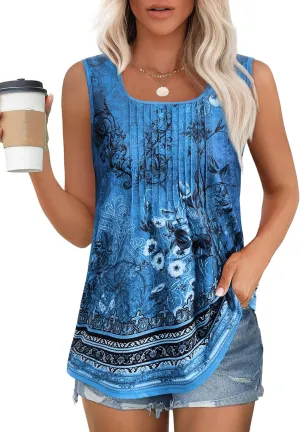 Women's Summer Tank Tops Square Neck Dressy Casual Sleeveless Blouses Plus Scooped Neck Pleated Work Shirts
