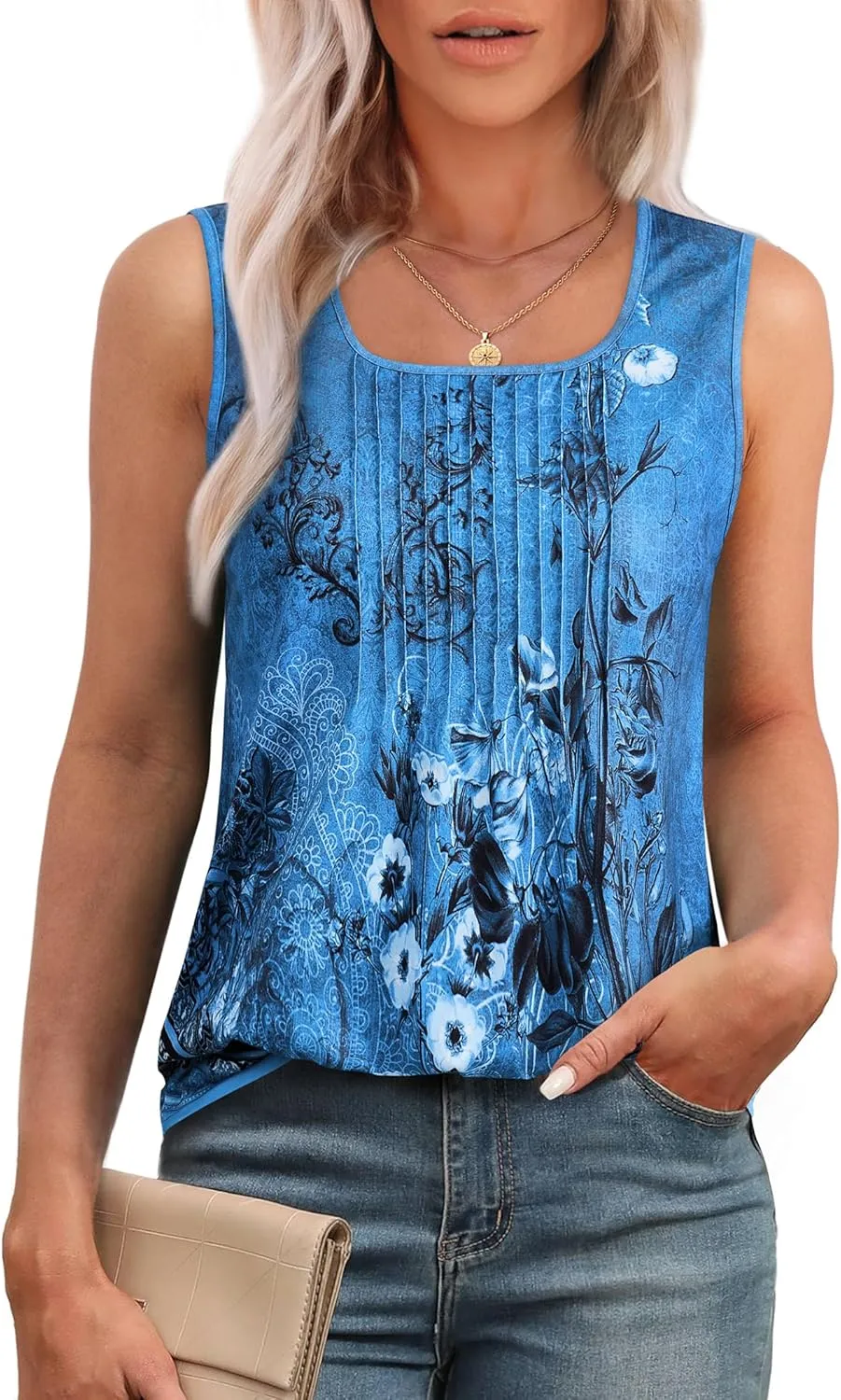 Women's Summer Tank Tops Square Neck Dressy Casual Sleeveless Blouses Plus Scooped Neck Pleated Work Shirts