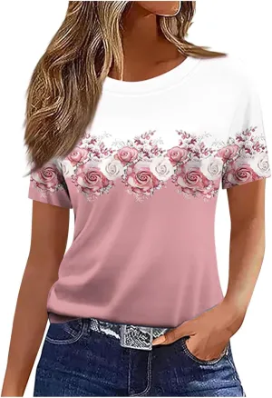 Womens Summer Tops 2025 Crew Neck Short Sleeve T Shirts Dressy Casual Blouses Cute Printed Tees Loose Trendy Outfits