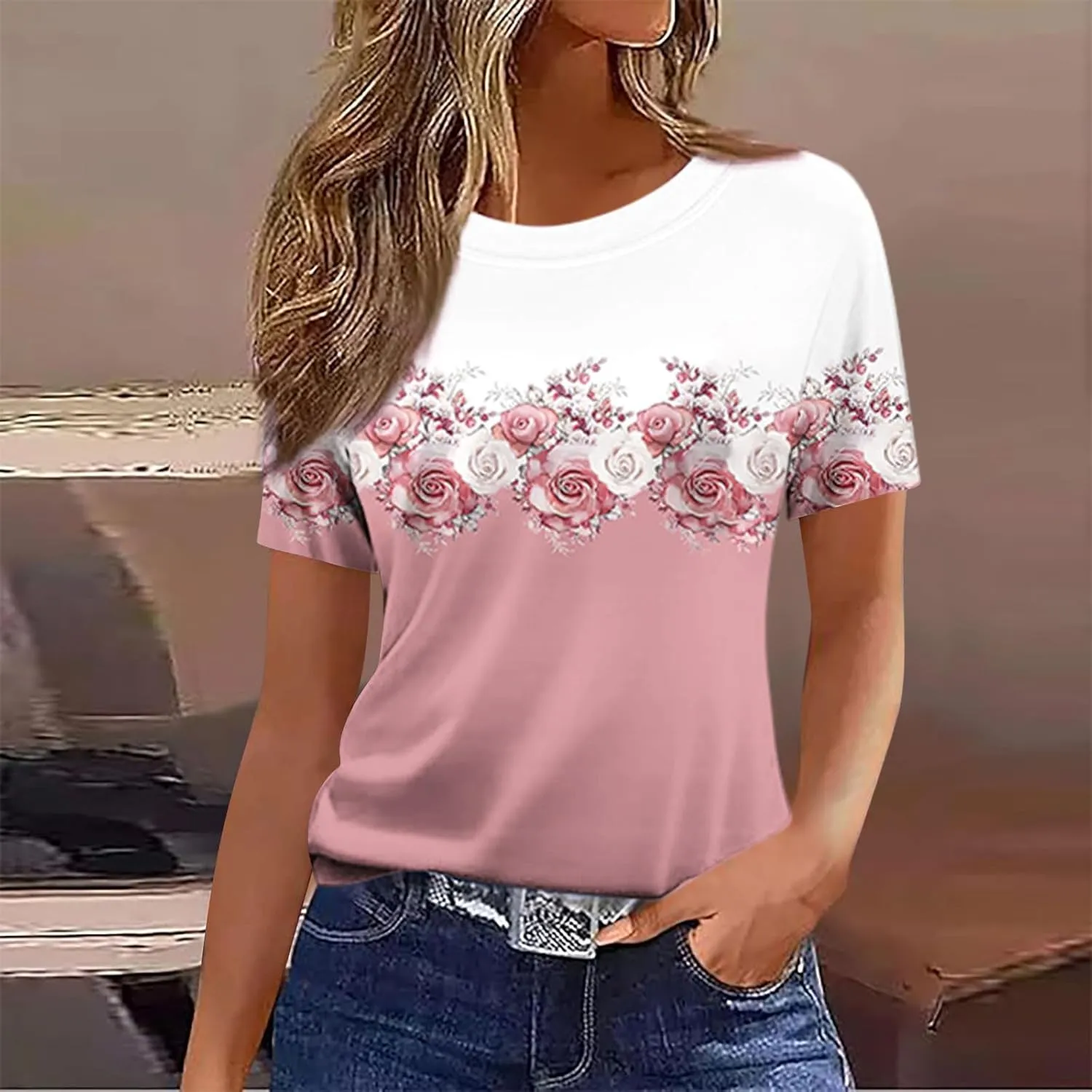 Womens Summer Tops 2025 Crew Neck Short Sleeve T Shirts Dressy Casual Blouses Cute Printed Tees Loose Trendy Outfits