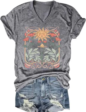 Women's T-Shirts V-Neck Boho Flowers Wildflowers Tee Cute Summer Graphic Shirts Short Sleeve T Shirt