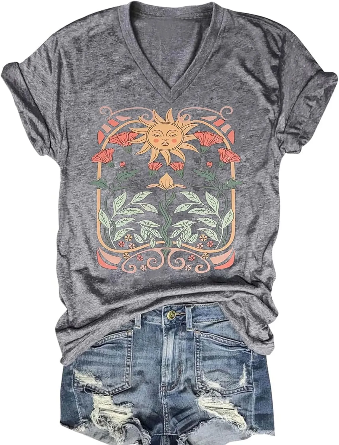 Women's T-Shirts V-Neck Boho Flowers Wildflowers Tee Cute Summer Graphic Shirts Short Sleeve T Shirt