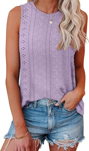 Womens Tank Tops 2025 Eyelet Embroidery Crewneck Sleeveless Shirts Casual Summer Spring Basic Loose Fashion Clothes