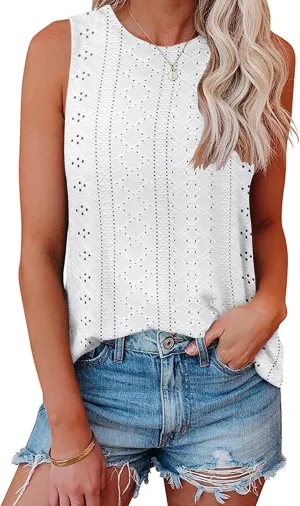 Womens Tank Tops 2025 Eyelet Embroidery Crewneck Sleeveless Shirts Casual Summer Spring Basic Loose Fashion Clothes
