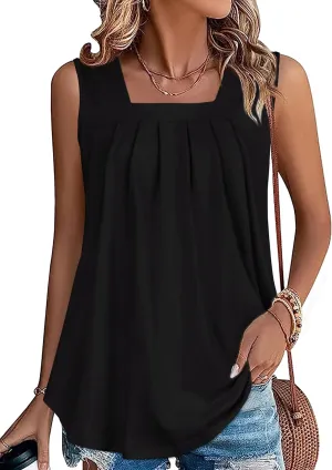 Womens Tank Tops Summer Square Neck Pleated Sleeveless Top Casual Loose Fit Basic Shirts