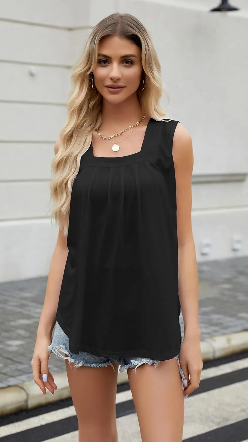 Womens Tank Tops Summer Square Neck Pleated Sleeveless Top Casual Loose Fit Basic Shirts