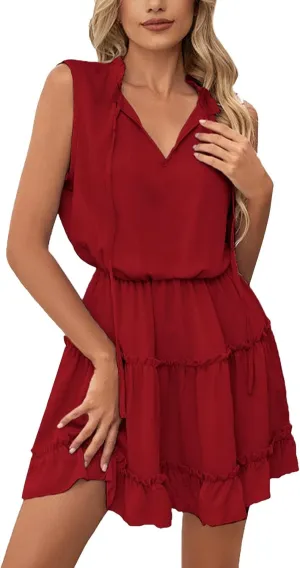 Womens Tiered Swing Mini Dress Casual A Line Summer Ruffle V Neck Tank Dresses Long Sleeve Evening Dress for
