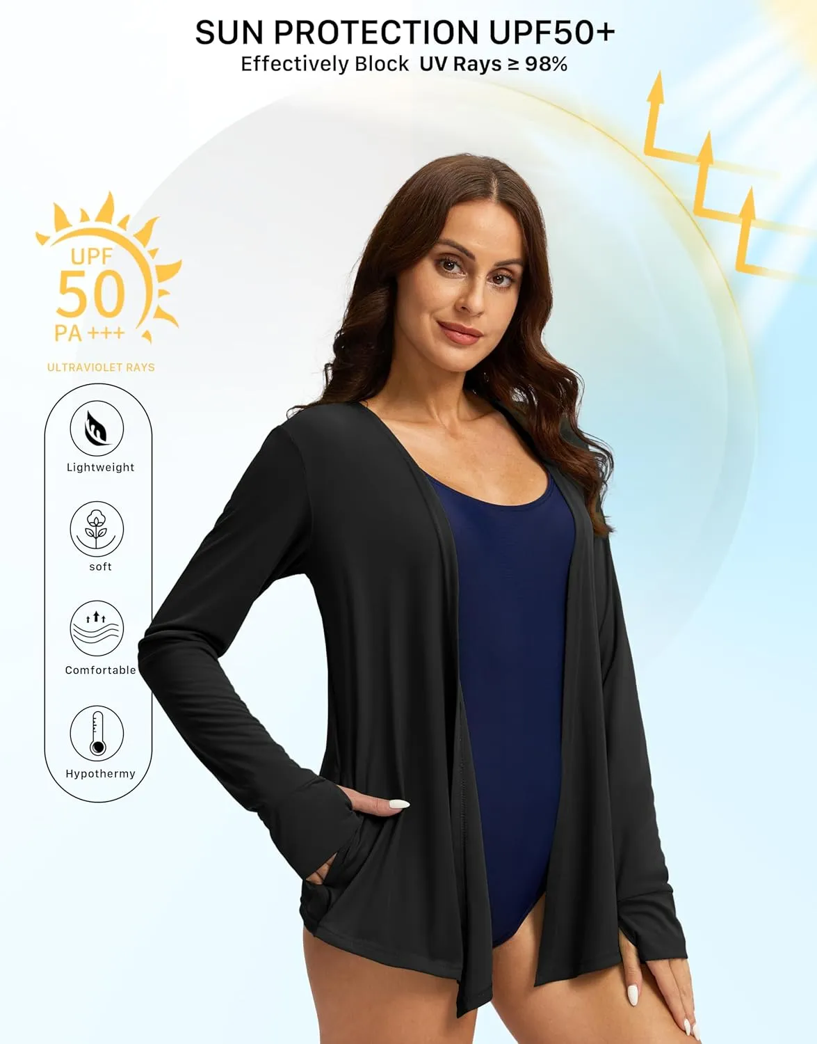 Women's UPF 50  Sun Shirt Long Sleeve UV Sun Protection Shirts Lightweight Cardigan for Women with Pockets SPF Swim Cover Up