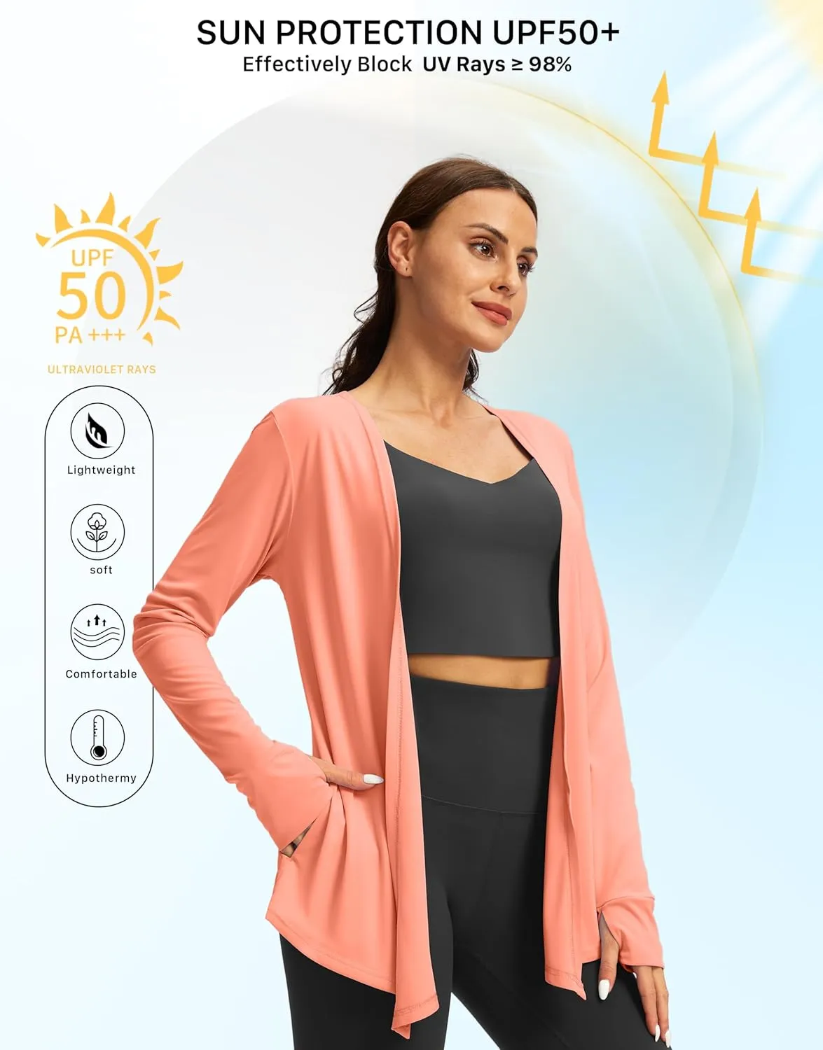 Women's UPF 50  Sun Shirt Long Sleeve UV Sun Protection Shirts Lightweight Cardigan for Women with Pockets SPF Swim Cover Up