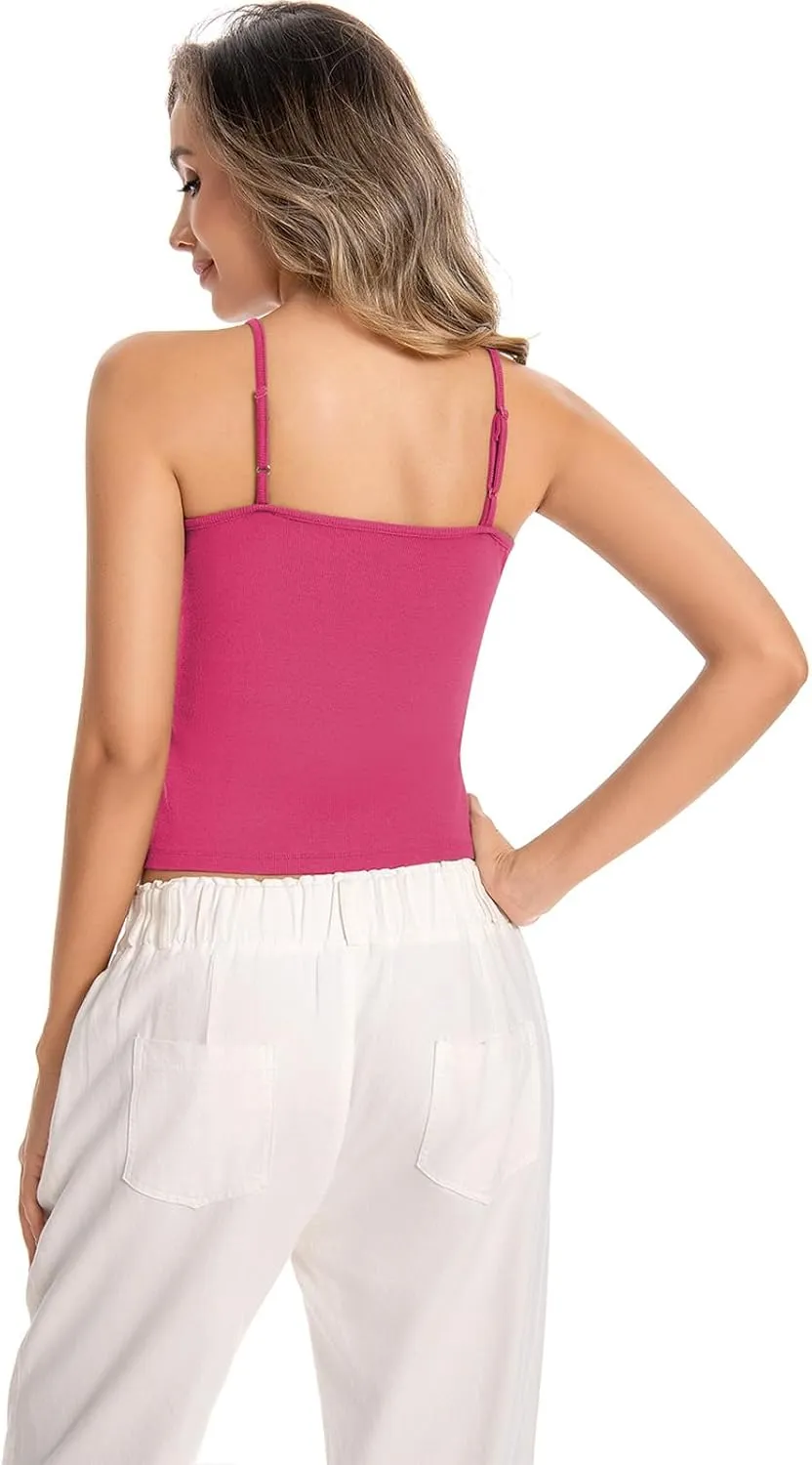 Womens V-Neck Ribbed Tank Tops Adjustable Spaghetti Strap Crop Tanks Fitted Camisole Basic Layering Shirts