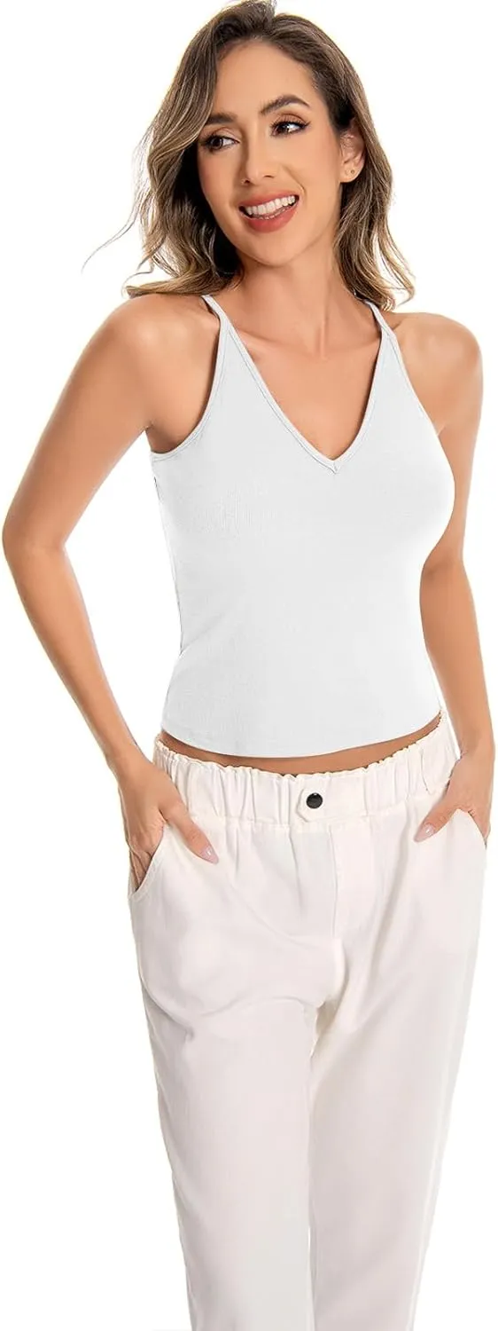 Womens V-Neck Ribbed Tank Tops Adjustable Spaghetti Strap Crop Tanks Fitted Camisole Basic Layering Shirts