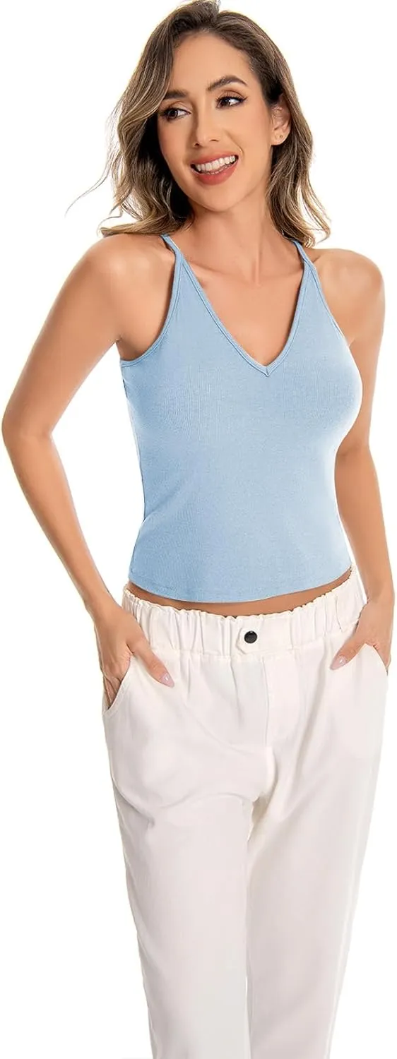 Womens V-Neck Ribbed Tank Tops Adjustable Spaghetti Strap Crop Tanks Fitted Camisole Basic Layering Shirts