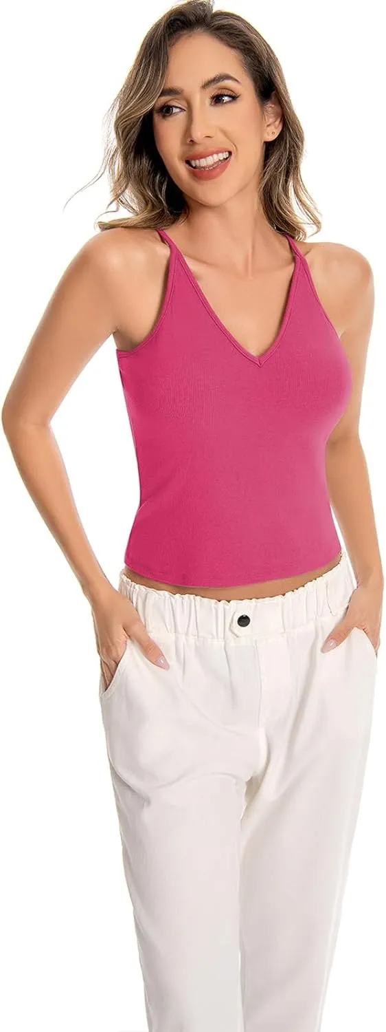 Womens V-Neck Ribbed Tank Tops Adjustable Spaghetti Strap Crop Tanks Fitted Camisole Basic Layering Shirts
