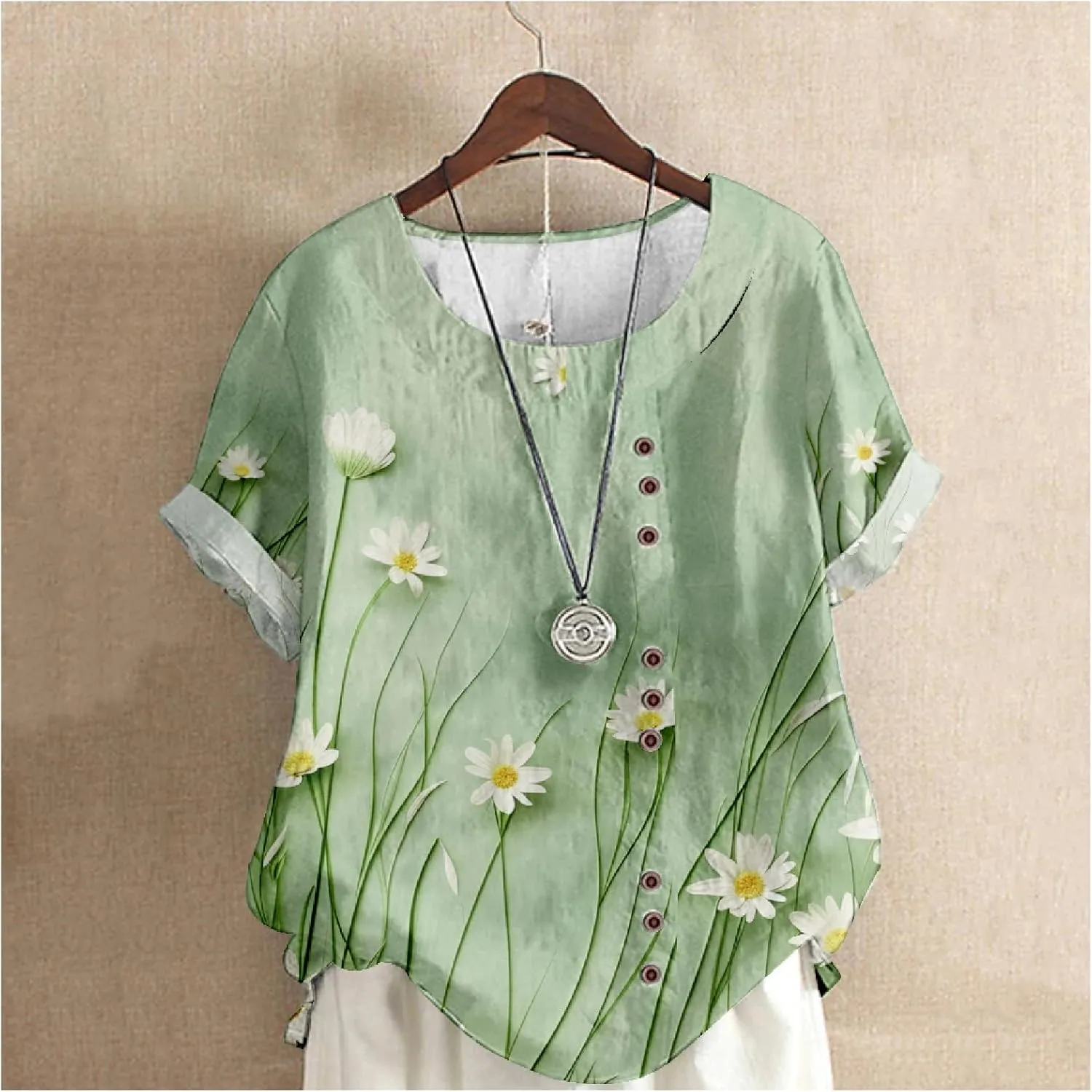 Women's Vintage Linen Tops Short Sleeve Boho Summer Graphic Tees Tunic Shirts Casual Loose Button Blouses