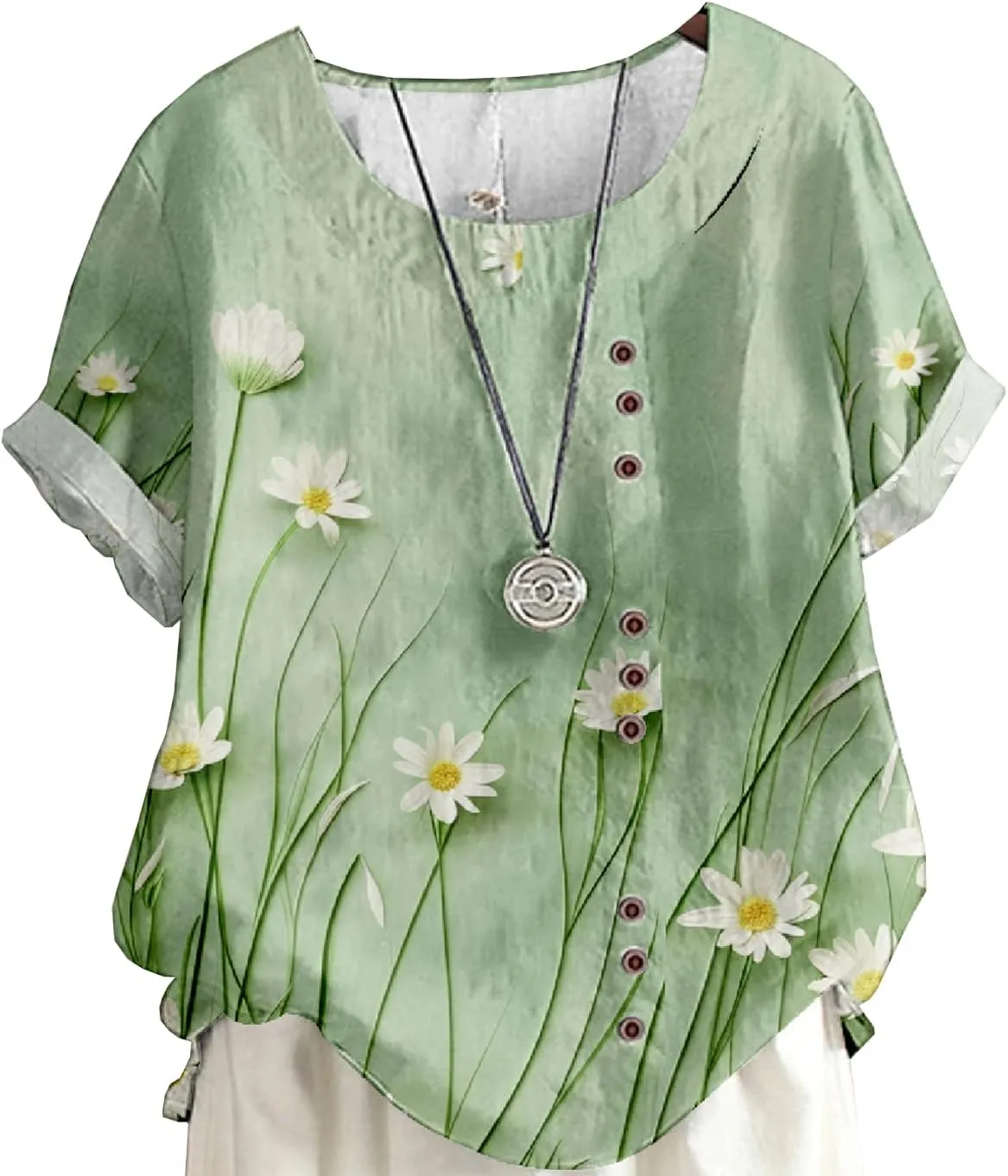 Women's Vintage Linen Tops Short Sleeve Boho Summer Graphic Tees Tunic Shirts Casual Loose Button Blouses