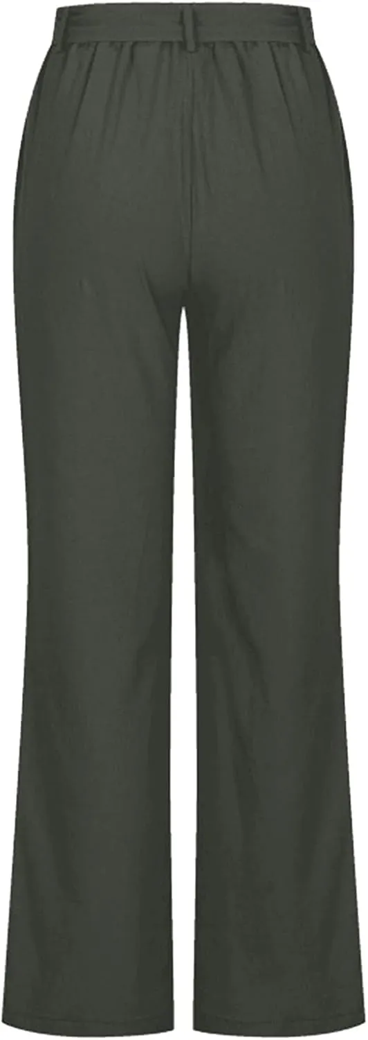 Women's Wide Leg Cotton Linen Pants Drawstring Elastic Waist Lounge Trousers Summer Casual Loose Lightweight Beach Pants