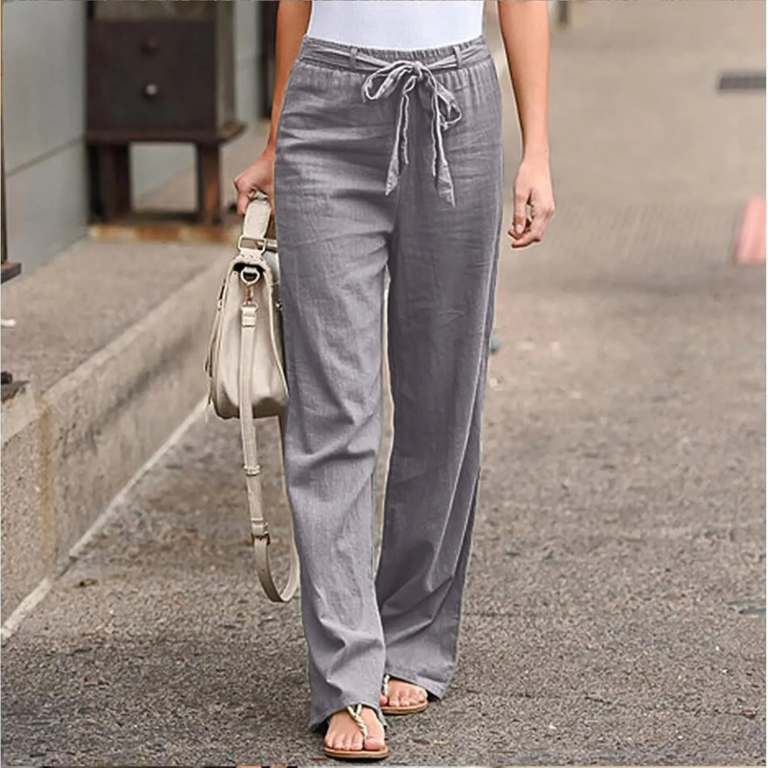 Women's Wide Leg Cotton Linen Pants Drawstring Elastic Waist Lounge Trousers Summer Casual Loose Lightweight Beach Pants
