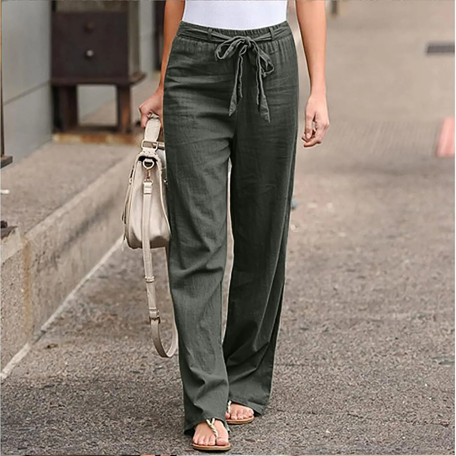 Women's Wide Leg Cotton Linen Pants Drawstring Elastic Waist Lounge Trousers Summer Casual Loose Lightweight Beach Pants
